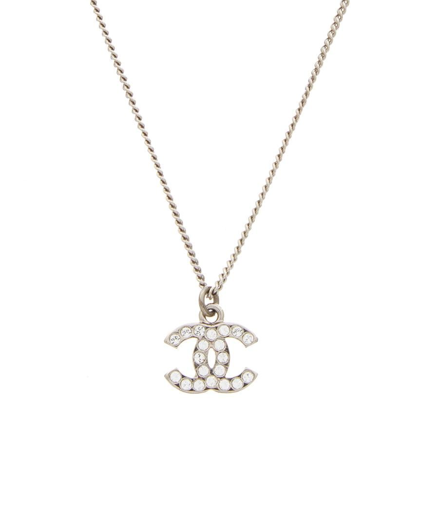 CHANEL Pearl Crystal CC Pendant Necklace Silver 1300089