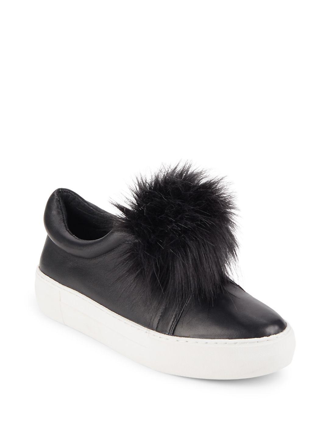 J/Slides Leather & Faux Fur Pom-pom Sneakers in Black - Lyst