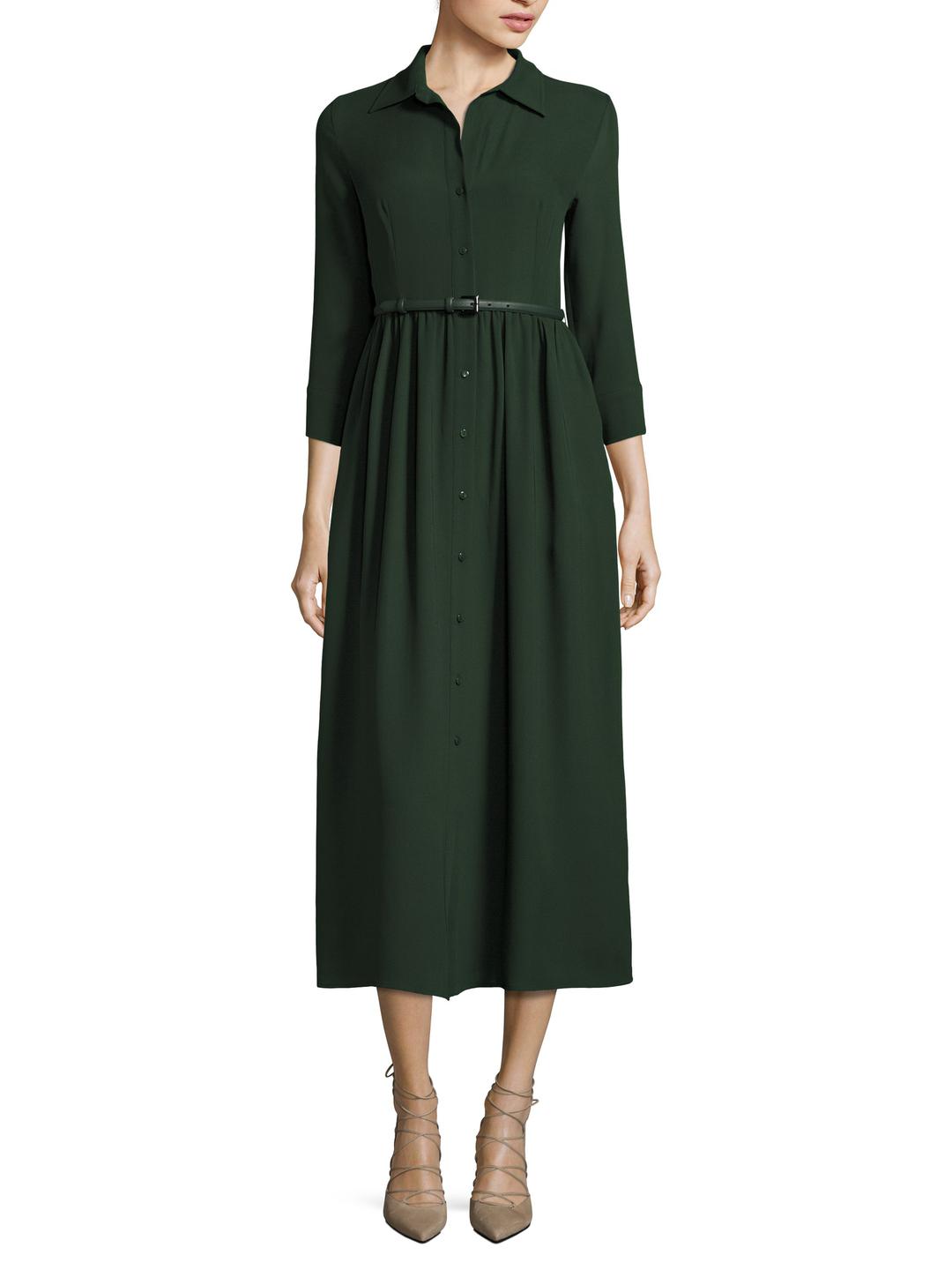 Max Mara Silk Midi Pleat Shirt Dress in Dark Green (Green) | Lyst