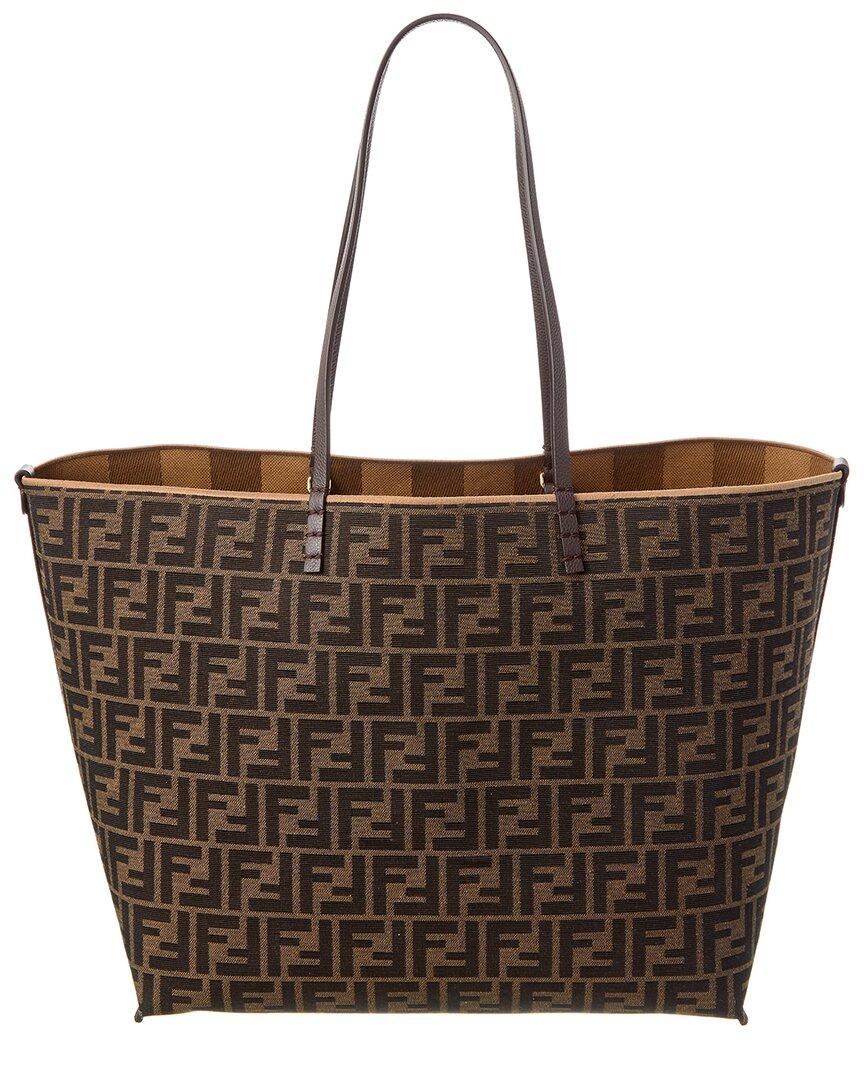 Fendi Roll Large Reversible Canvas & Leather Tote in Brown