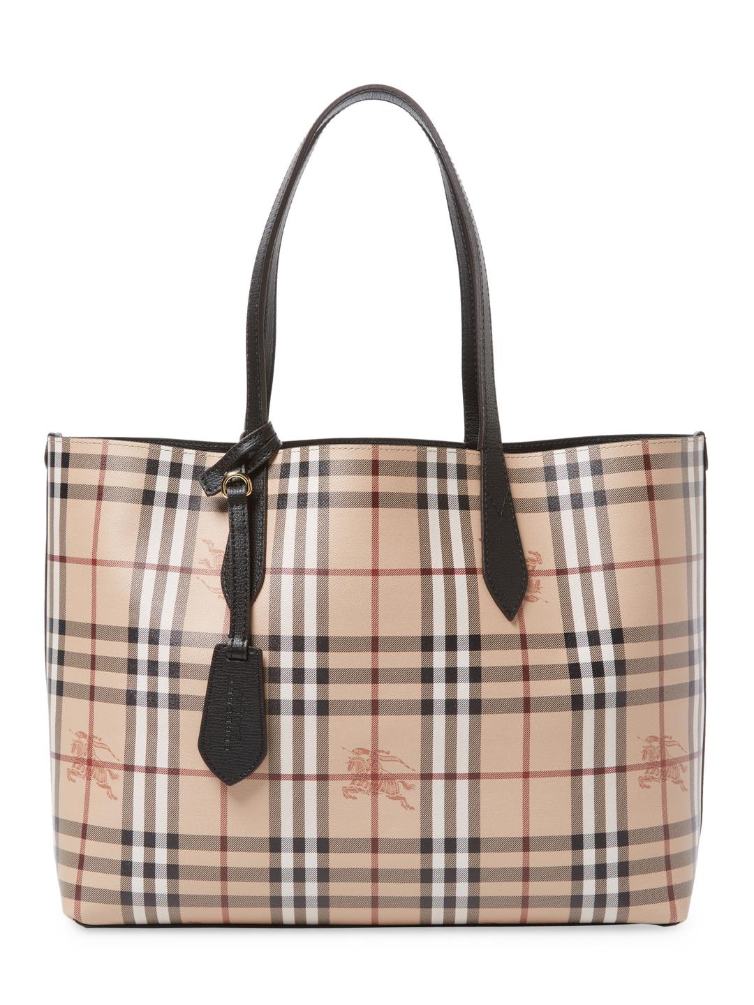Burberry Leather Plaid Tote Bag in Black | Lyst