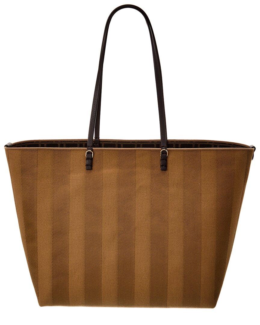 Fendi Roll Large Reversible Canvas & Leather Tote in Brown