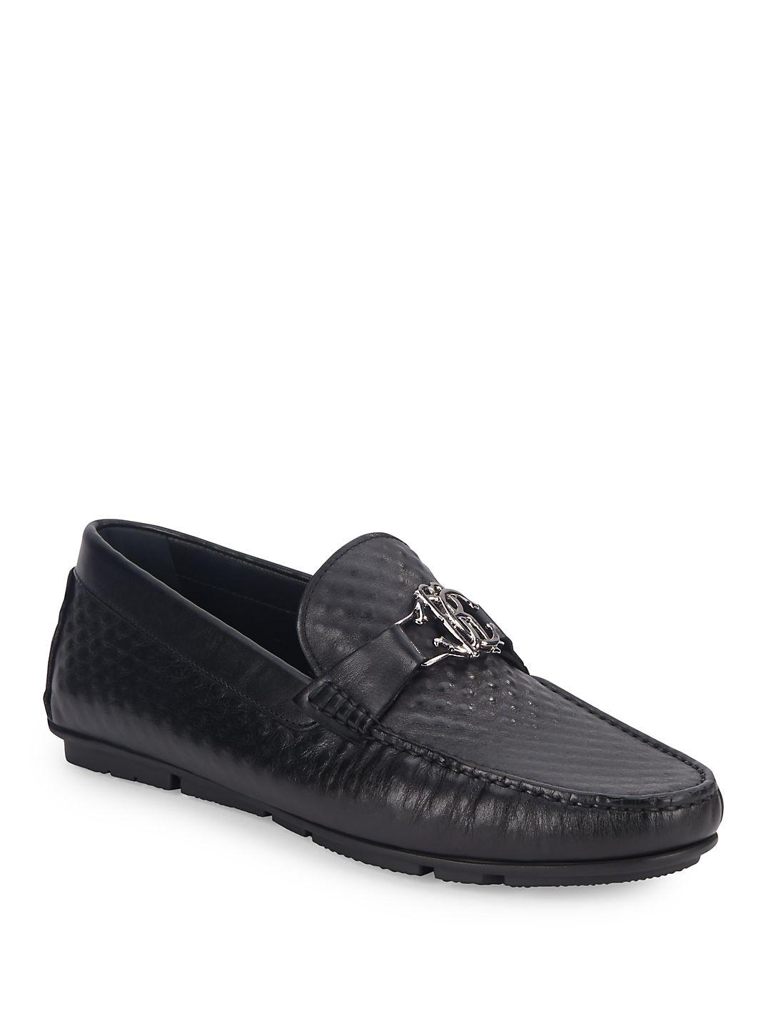 Roberto Cavalli Textured Leather Loafers in Black for Men - Lyst