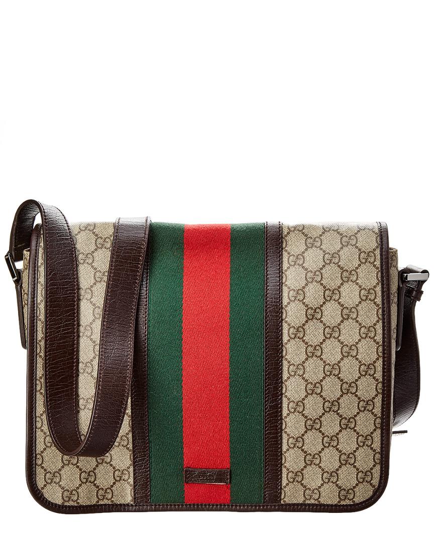 Gucci Brown GG Supreme Canvas & Leather Web Flap Messenger Bag in Brown - Lyst