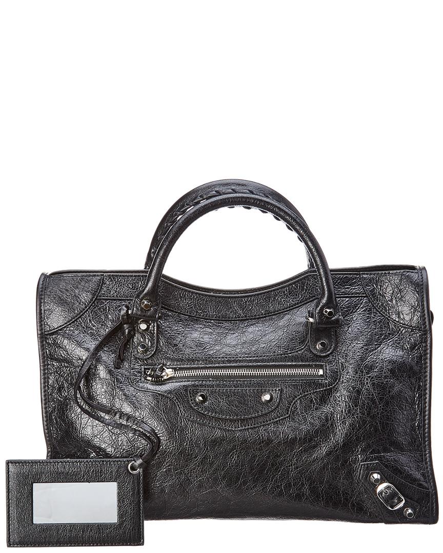 Balenciaga Classic Silver City Logo Strap Medium Leather Shoulder Bag in  Black | Lyst