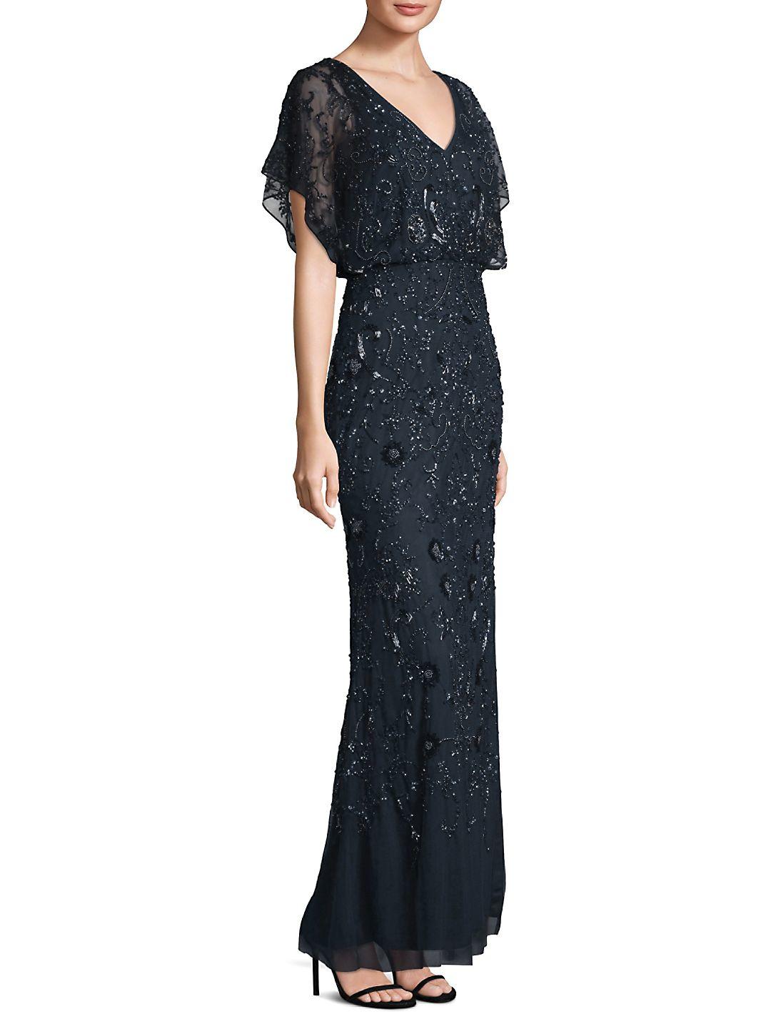 Adrianna Papell Synthetic Flutter Sleeve Beaded Gown - Lyst