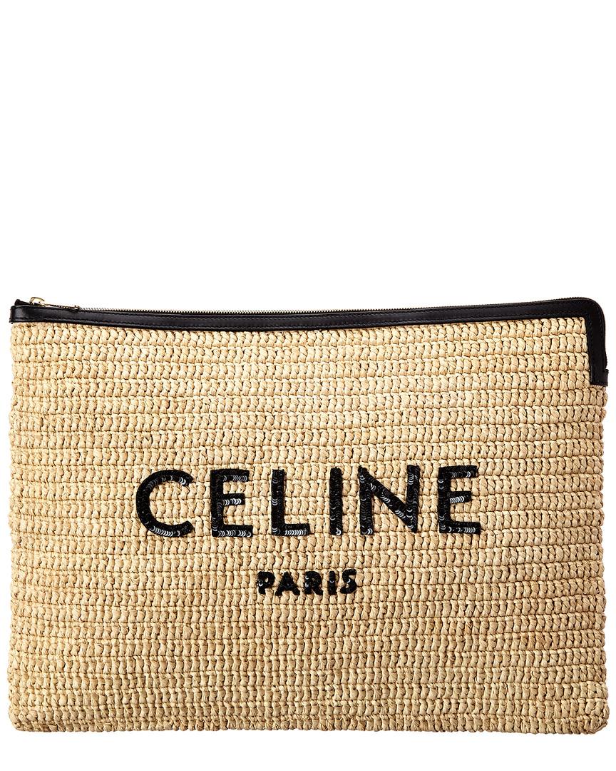 Celine Large Straw & Leather Pouch in Natural | Lyst