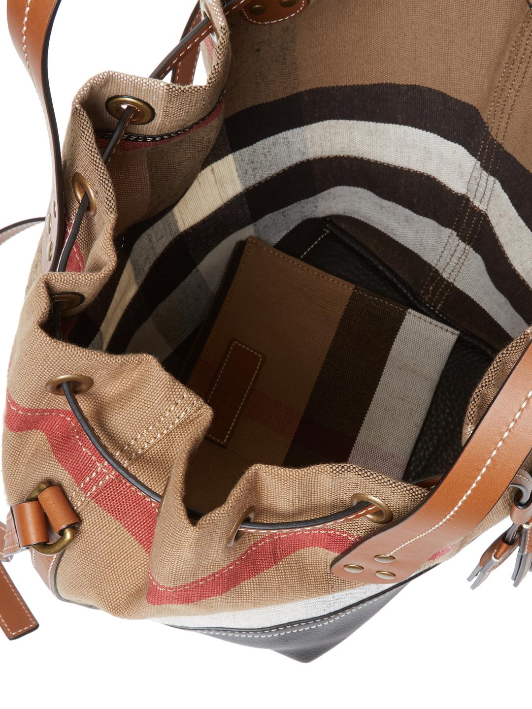 Burberry Leather-trimmed Checked Coated-canvas Bucket Bag in Brown
