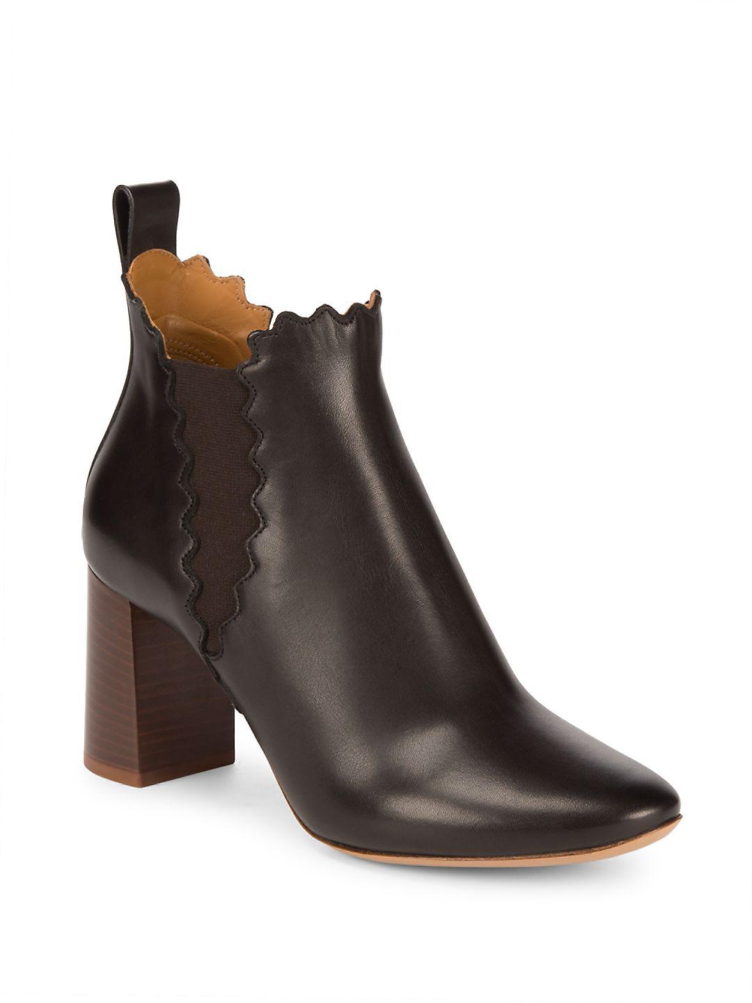 Chloé Lauren Scallop Leather Ankle Boots in Black - Lyst