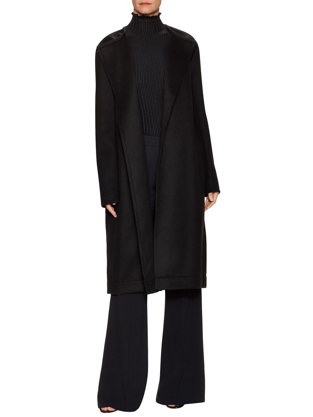 black collarless coat