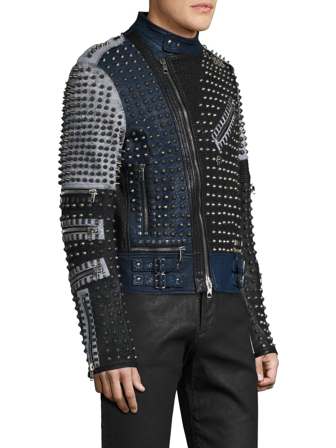 black leather jacket with gold studs