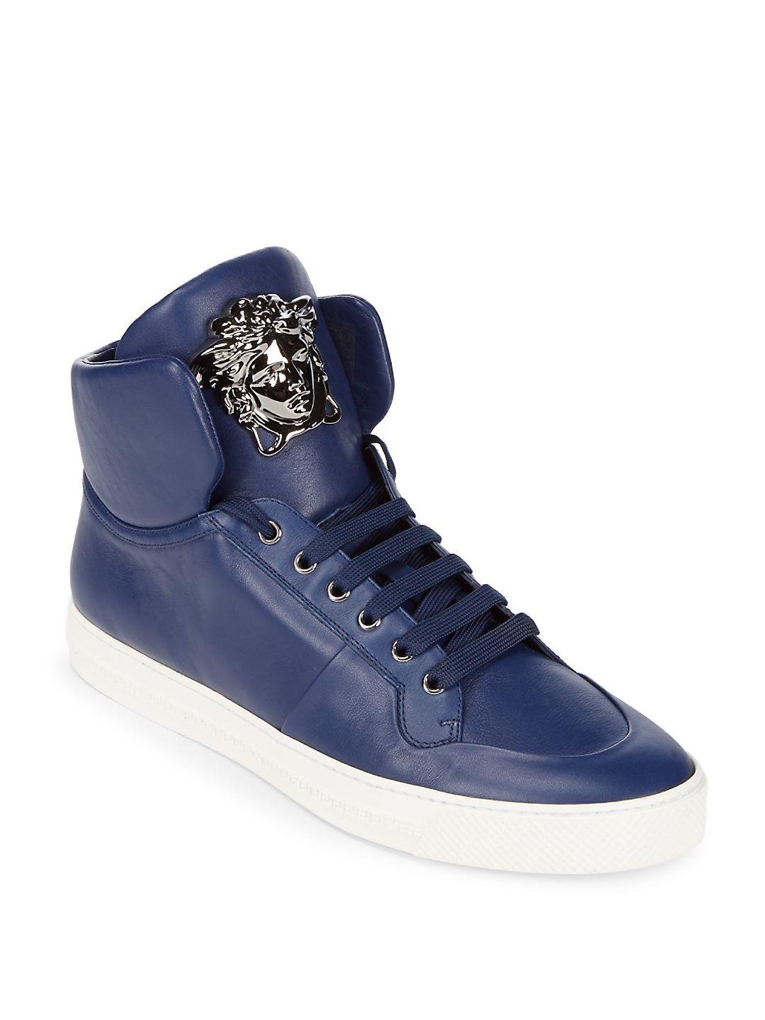 Versace Leather-high Top Sneakers in Blue for Men - Lyst
