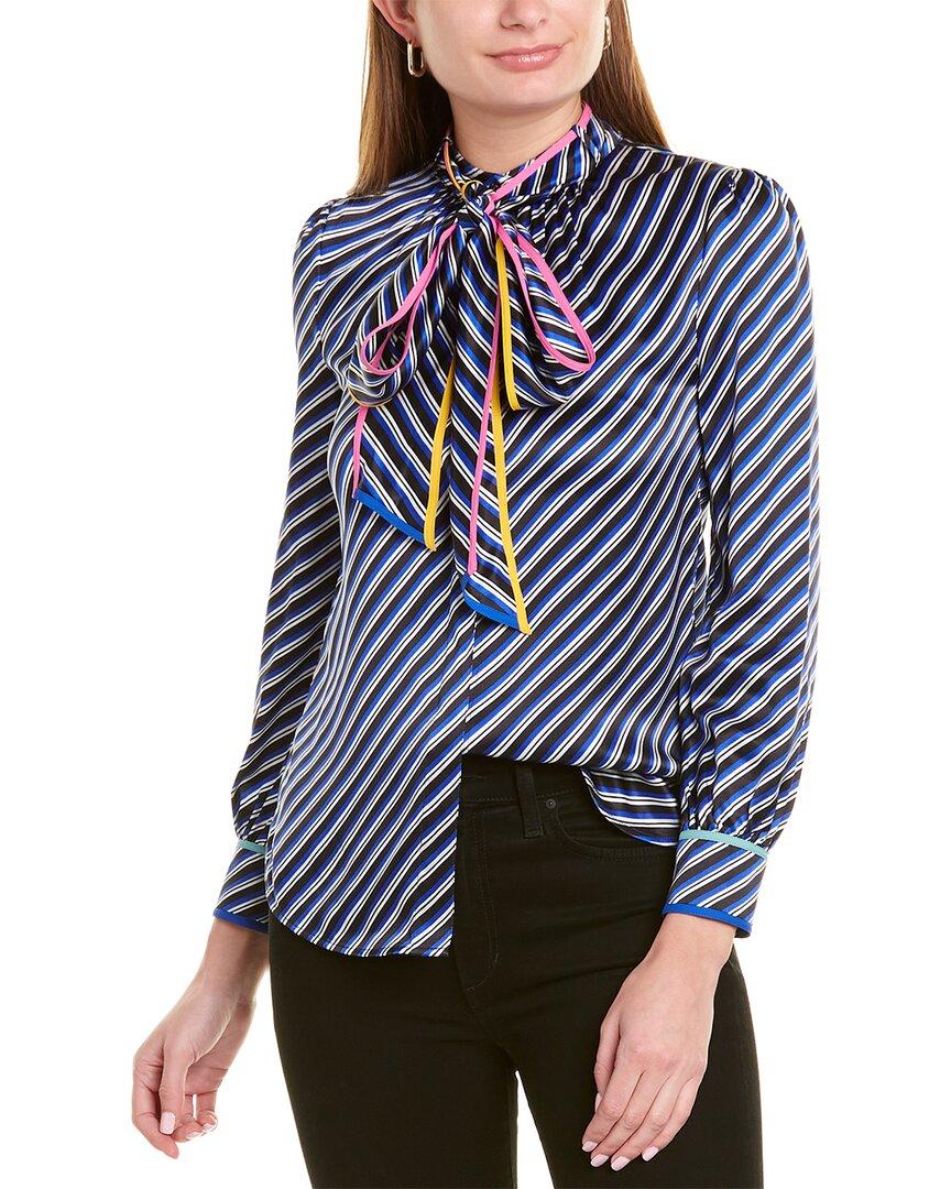 Tory Burch Bias Stripe Contrast Binding Silk Bow Blouse in Blue | Lyst