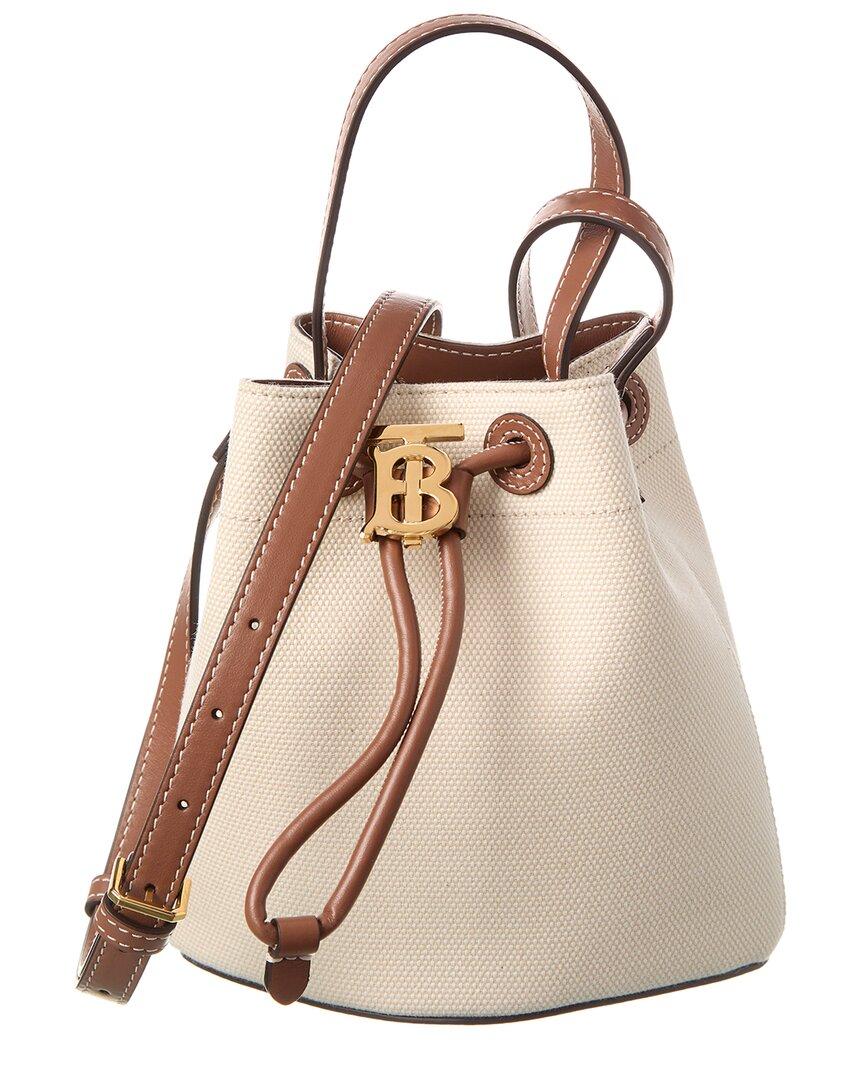 White Mini canvas and leather bucket bag, Burberry
