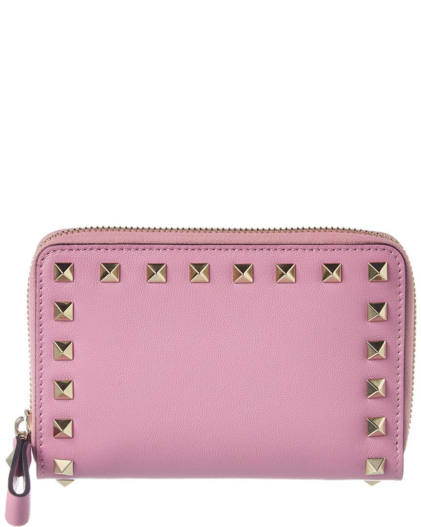 Valentino Rockstud Small Leather Zip Around Wallet in Pink | Lyst
