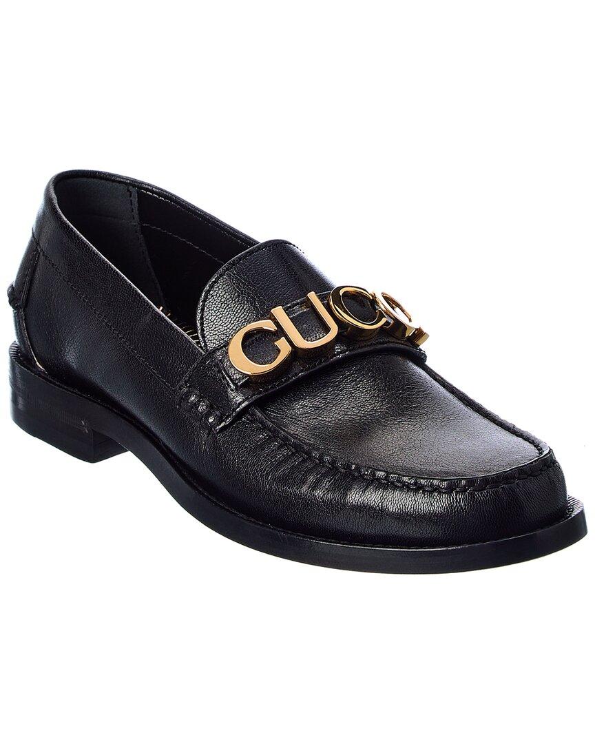 Gucci Logo Leather Loafer in Black | Lyst