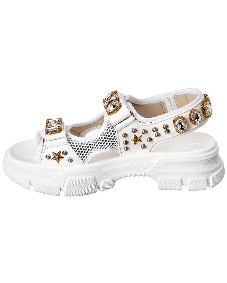 Leather and mesh sandal with crystals hotsell