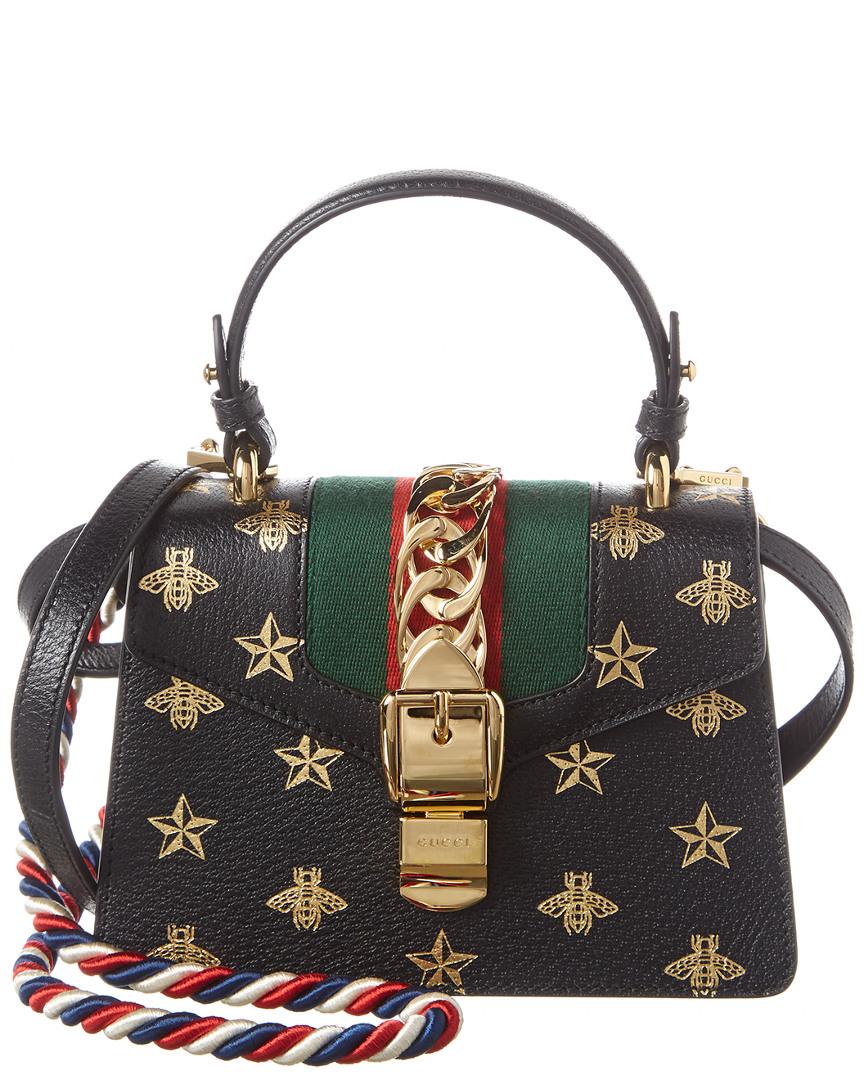 Gucci Sylvie Bee Star Mini Leather Top Handle Shoulder Bag