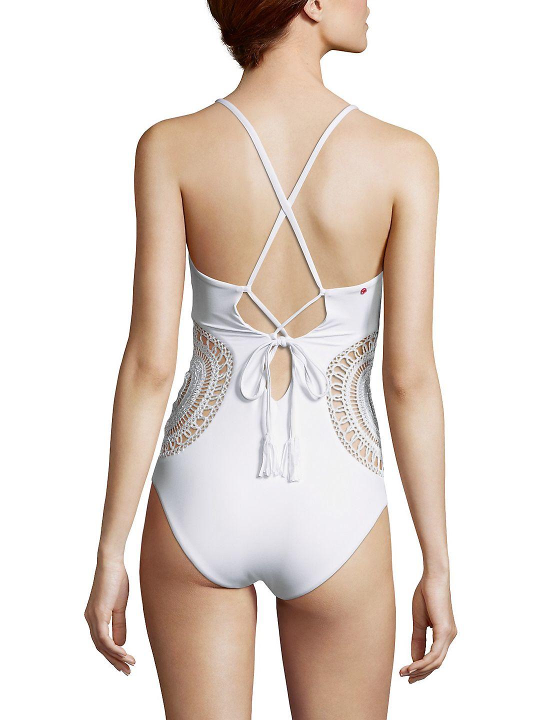 Red Carter Synthetic Side Crochet Swimsuit In White Lyst