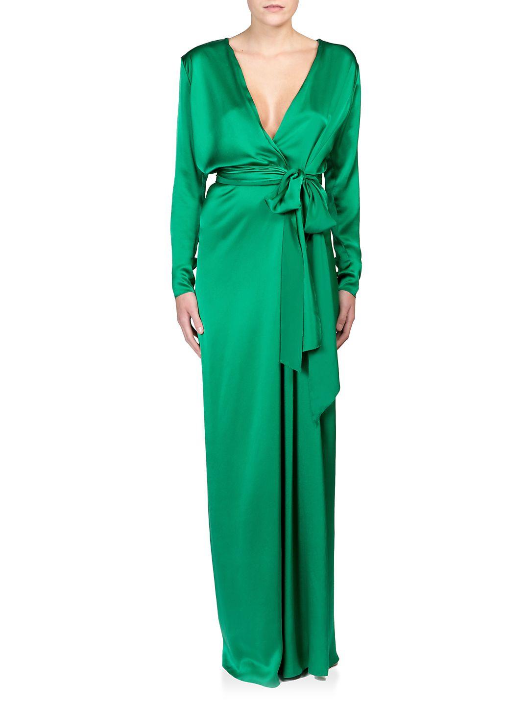 Lanvin Silk Long-sleeve Deep-v Wrap Gown in Green | Lyst