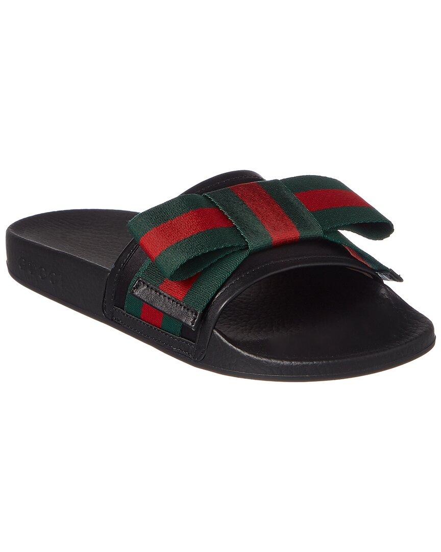 Gucci Web Bow Satin & Rubber Slide in Black | Lyst