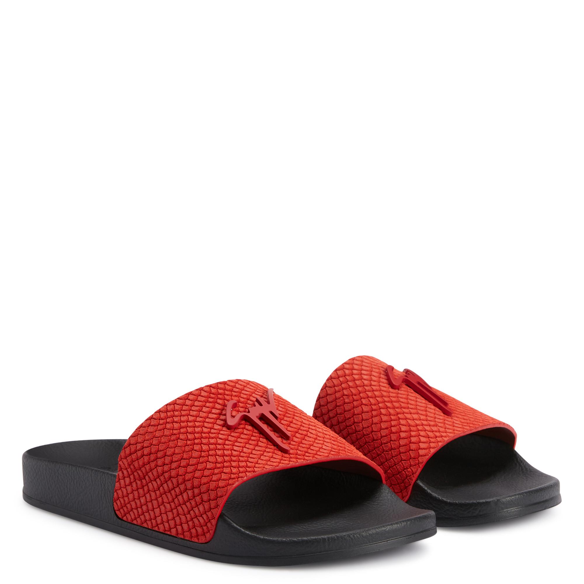 Giuseppe Zanotti Men\'s Red Leather Logo Slides Giuseppe Zanotti Red Leather Logo Slide Sandals | ShopSimon main image 3
