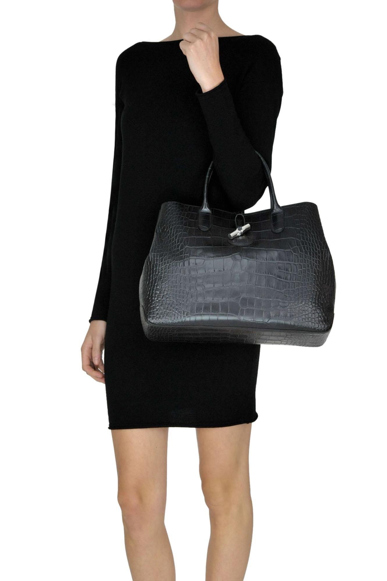 Longchamp Crocodile Print Leather Bag in Black