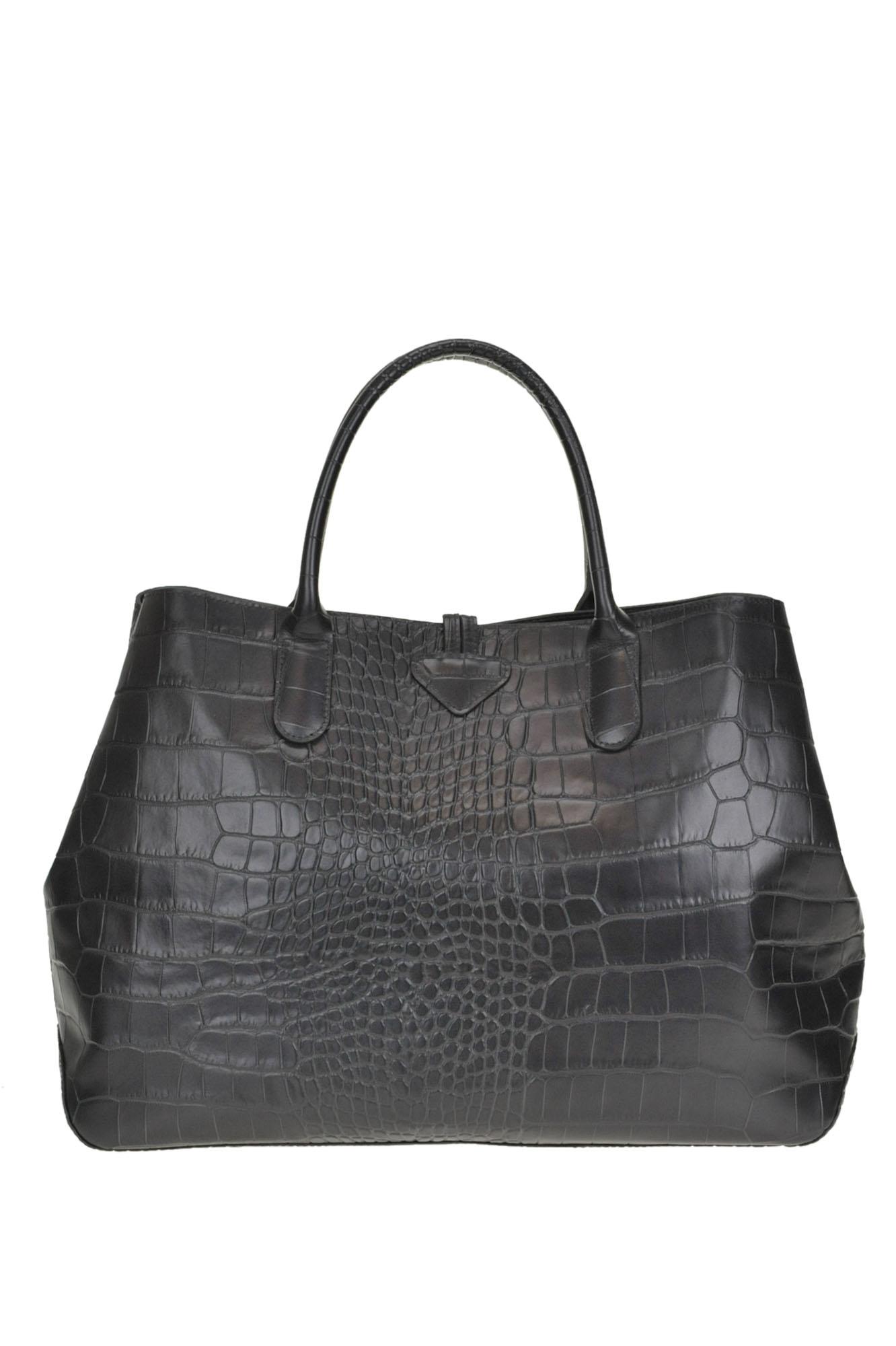 Longchamp Crocodile Print Leather Bag in Black | Lyst