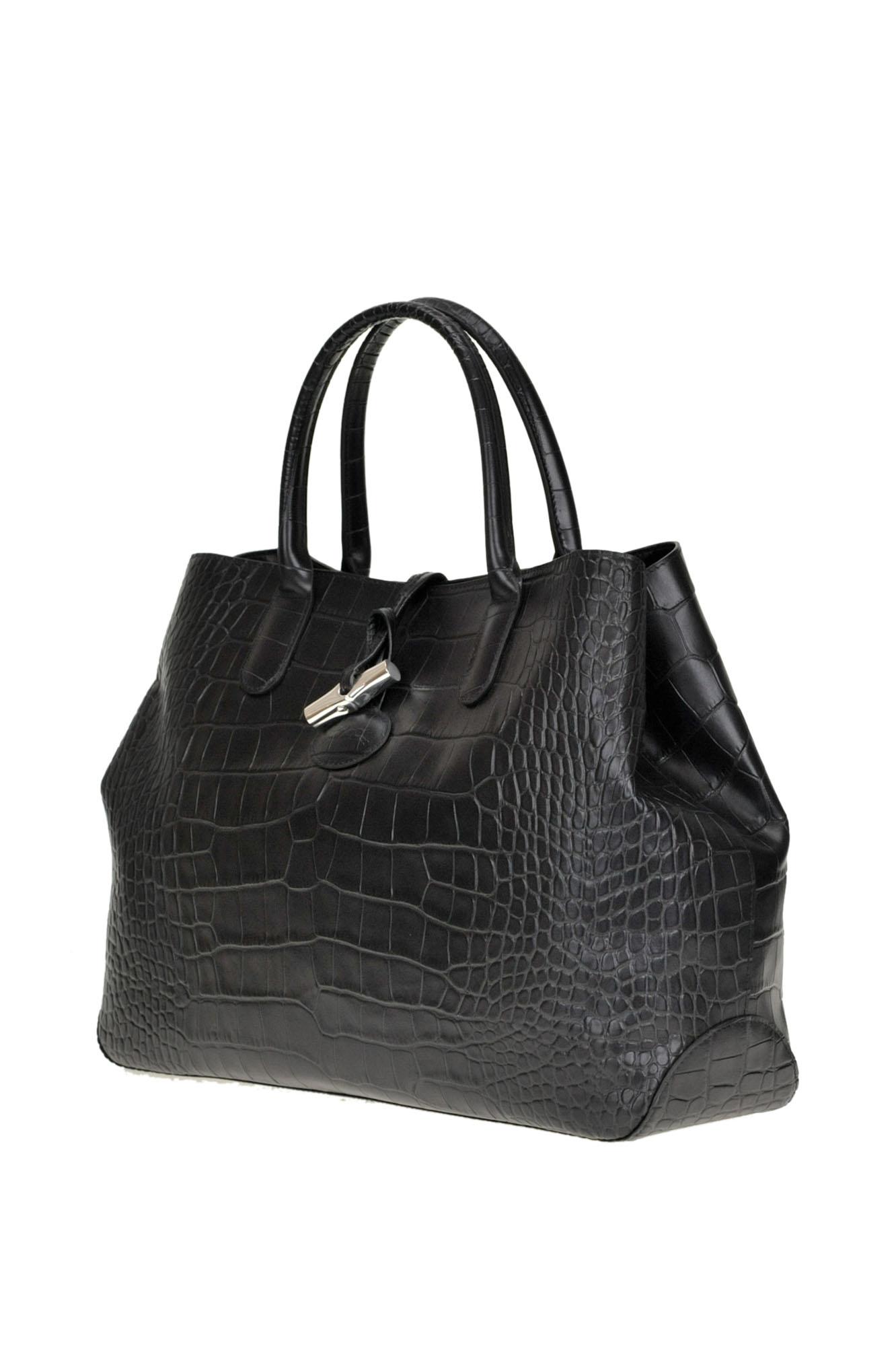 LONGCHAMP Roseau Crocodile Embossed Black Leather Shoulder Bag