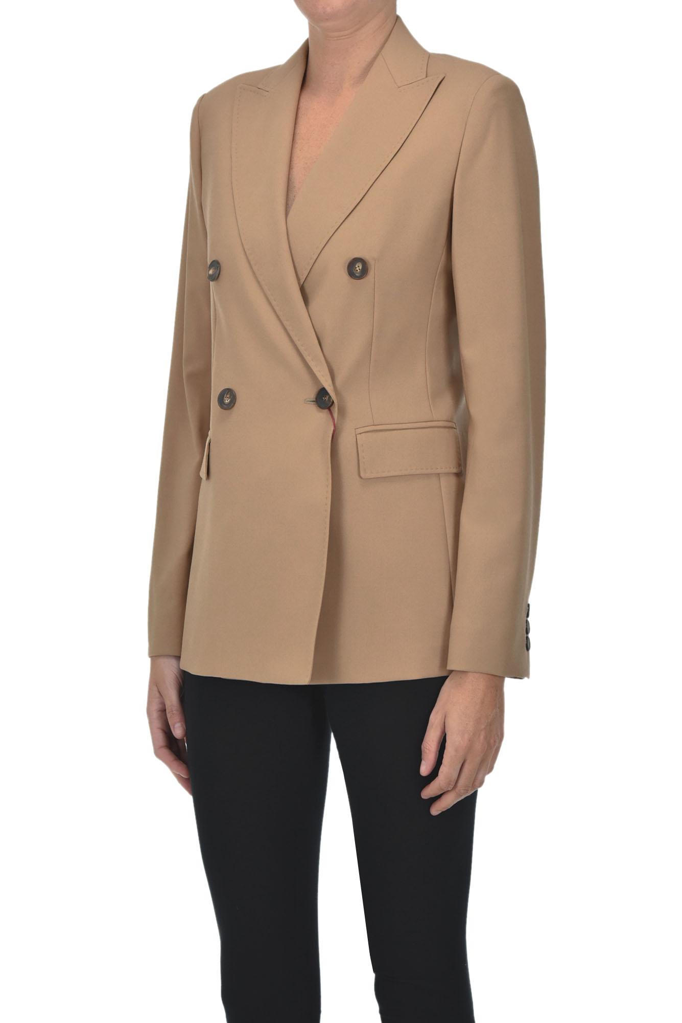 tan double breasted blazer