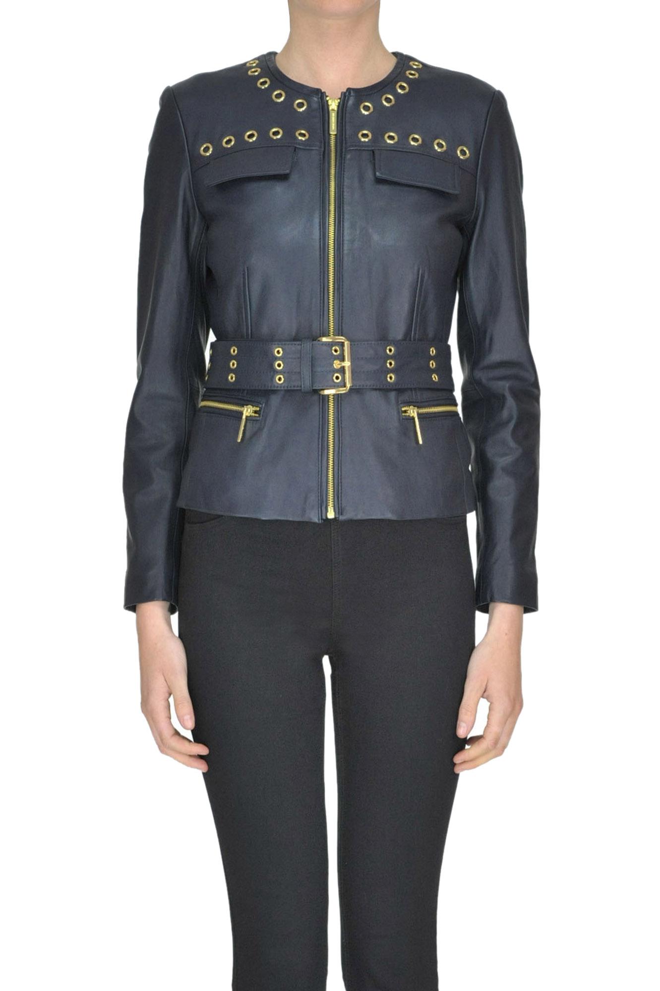 Michael Kors Leather Biker Jacket In Blue Lyst Michael Kors Women S Blue Leather Biker Jacket