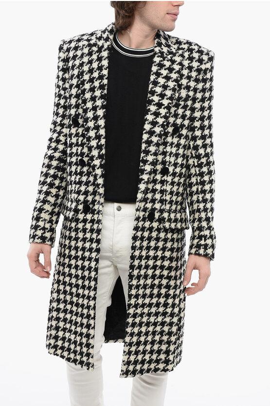 Balmain Houndstooth Patterned Tweed Coat With Velour Buttons in