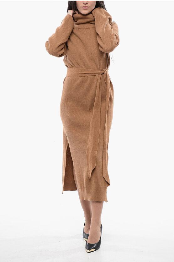 Nanushka Turtleneck Knitted Canaan Dress With Belt in Brown