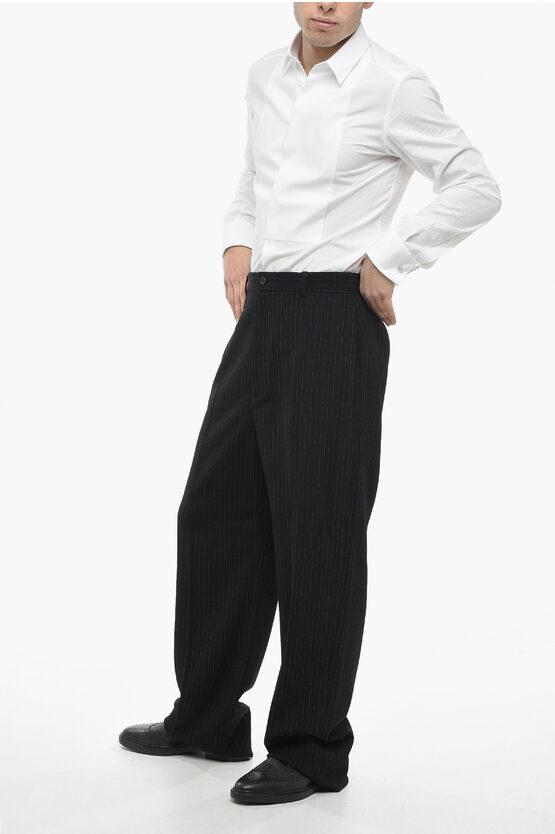 Balenciaga Garde-Robe Wide-Leg Pinstriped Pants With Pleat in