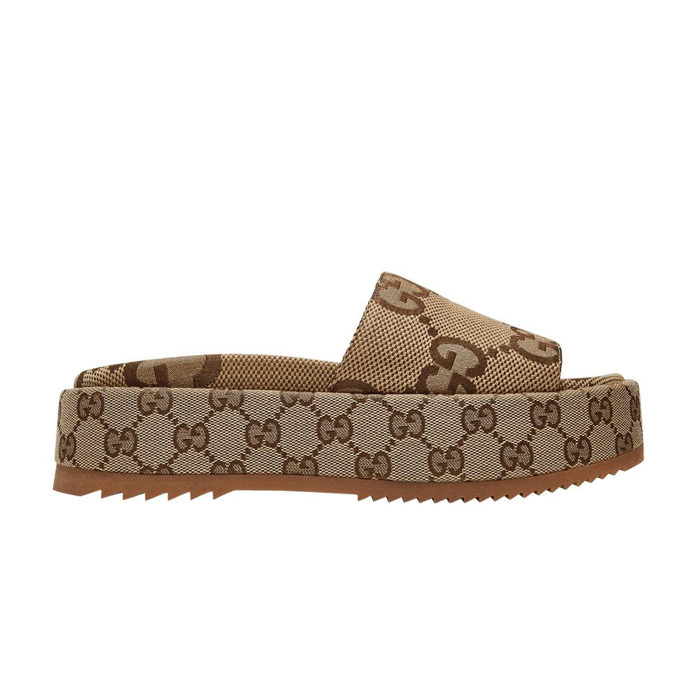 Gucci GG Lame Platform Slide Sandal 'camel Monogram' in Brown | Lyst