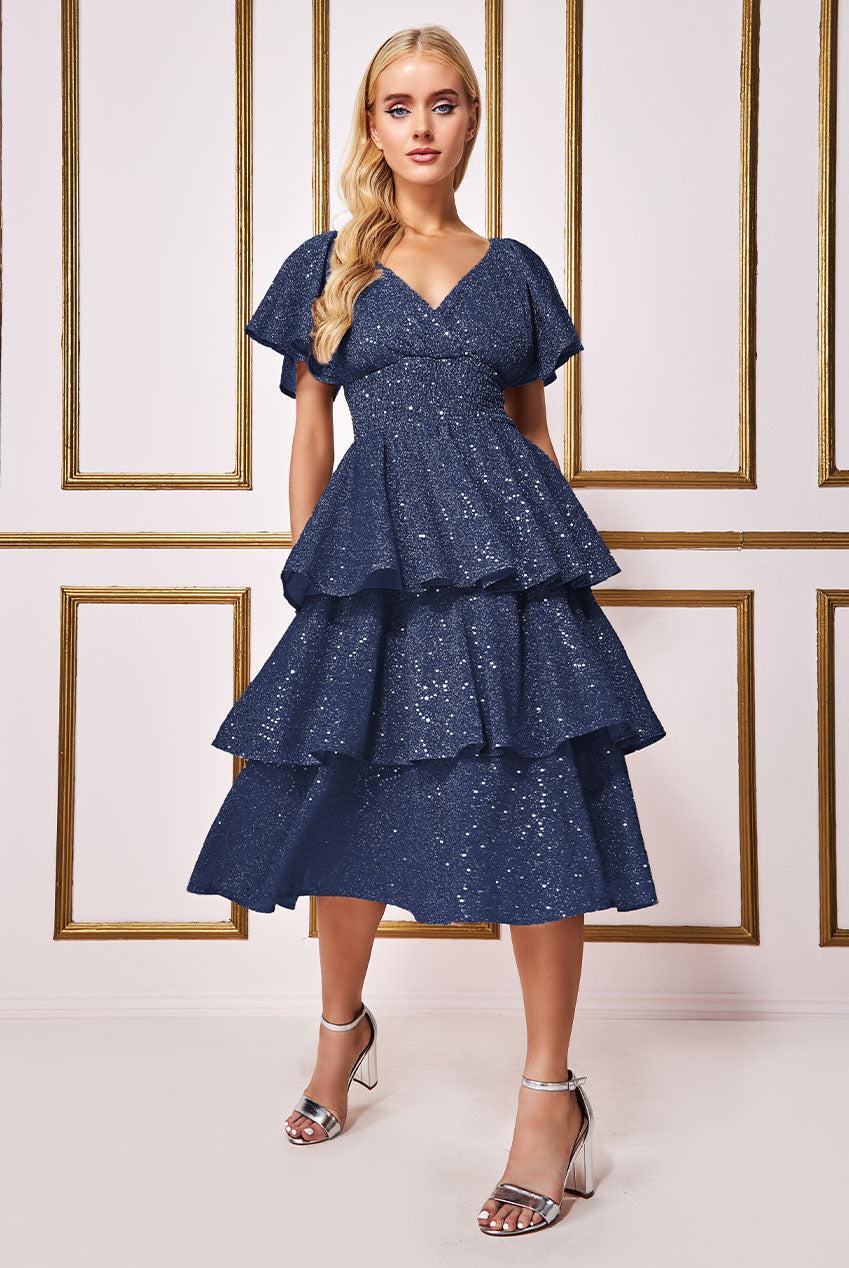 Goddiva Sequin Lurex Tiered Midi Dress in Blue Lyst UK