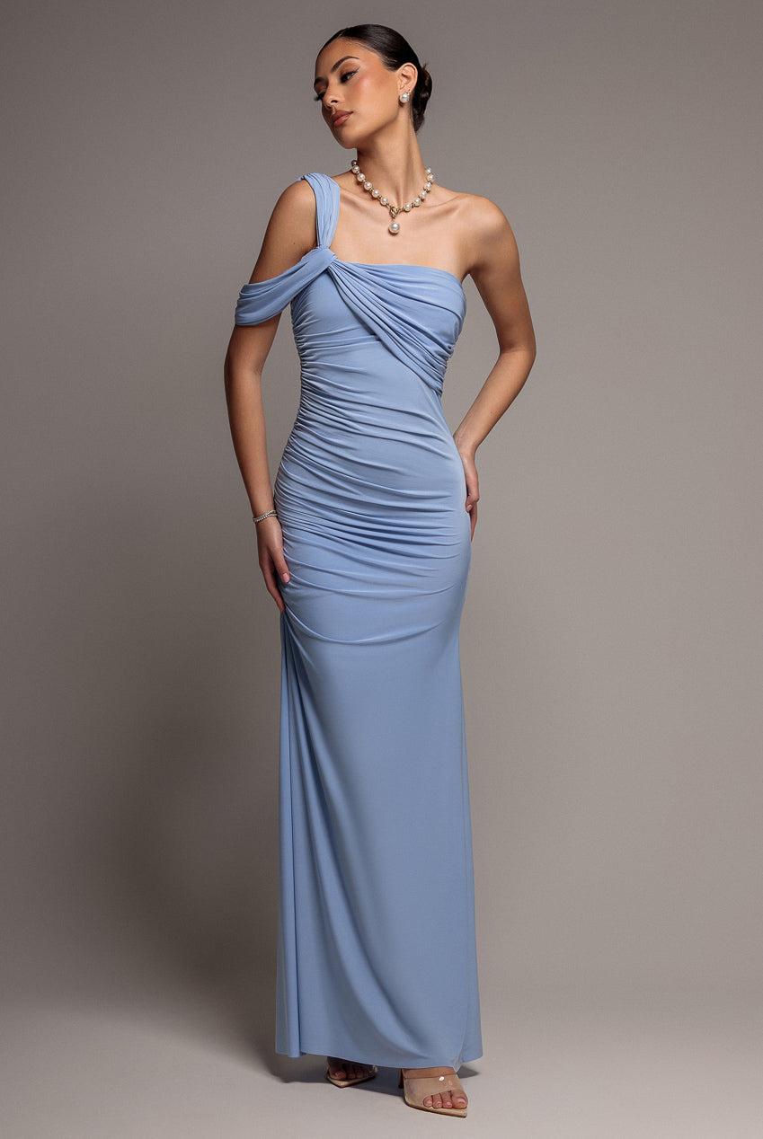 open lace back dress Light Navy One Shoulder Floral Sequin Bead Gown