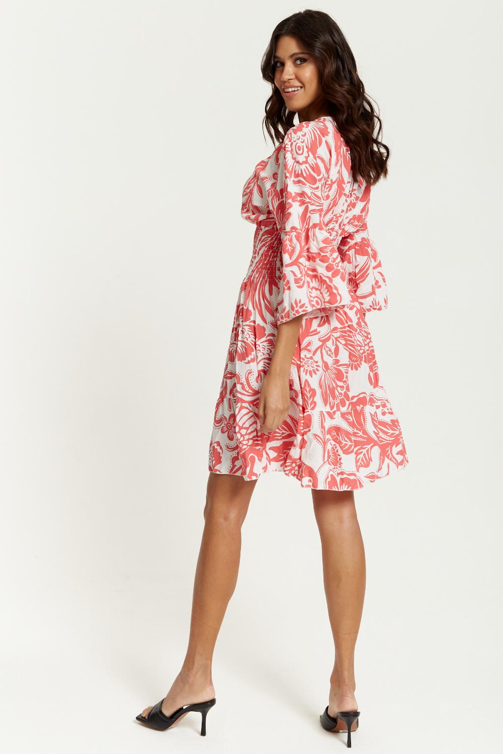 Hoxton Gal Oversized V Neck Detailed Floral Print Mini Dress in Red | Lyst