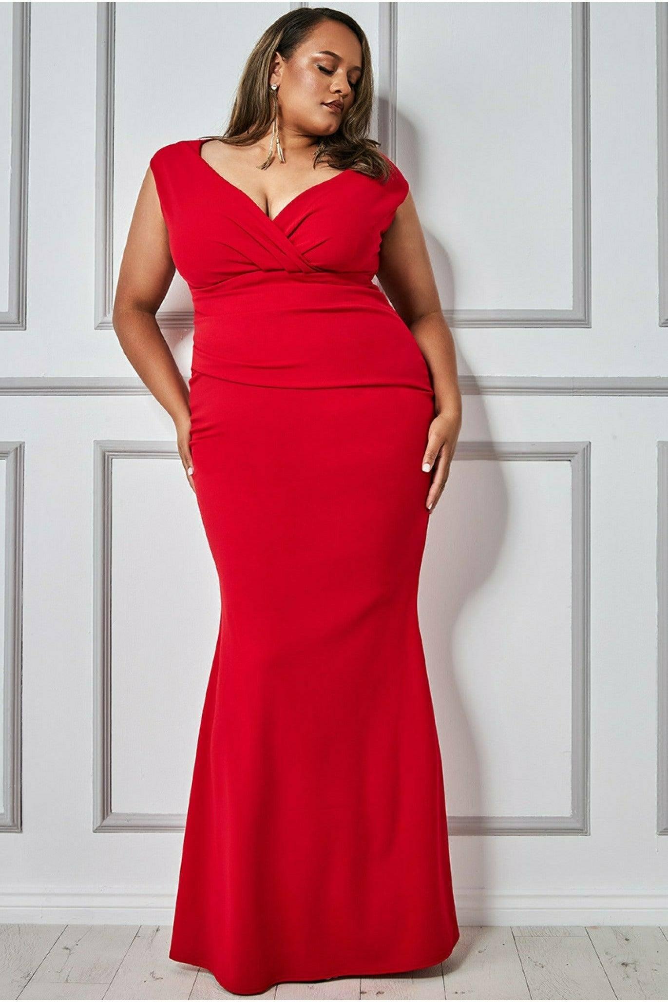 Goddiva Bardot Pleated Maxi Dress in Red | Lyst