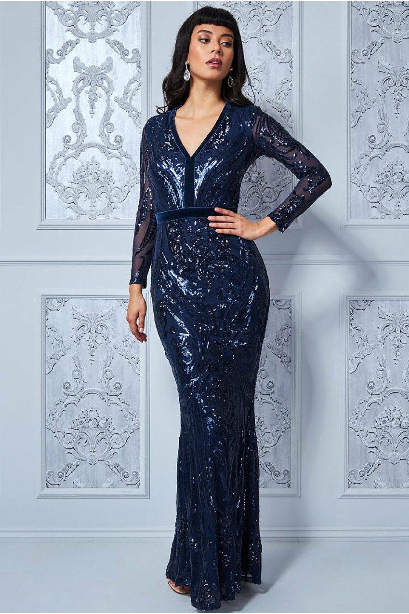 Goddiva Synthetic Deep V Neck Sequin Embroidered Maxi Dress in Navy (Blue)  - Lyst
