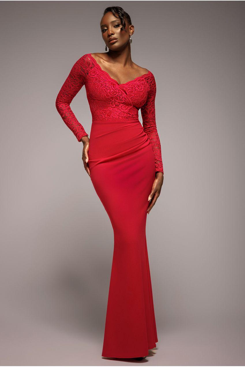 Goddiva Scalloped Lace Bodice Long Sleeve Bardot Maxi Dress in Red | Lyst