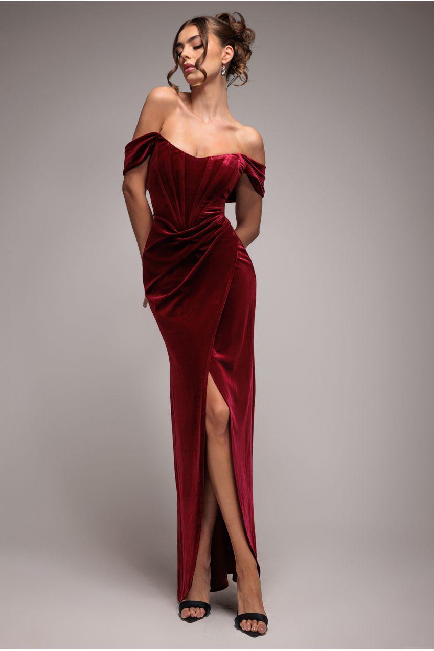 Goddiva Draped Shoulder Velvet Corset Maxi Dress in Red
