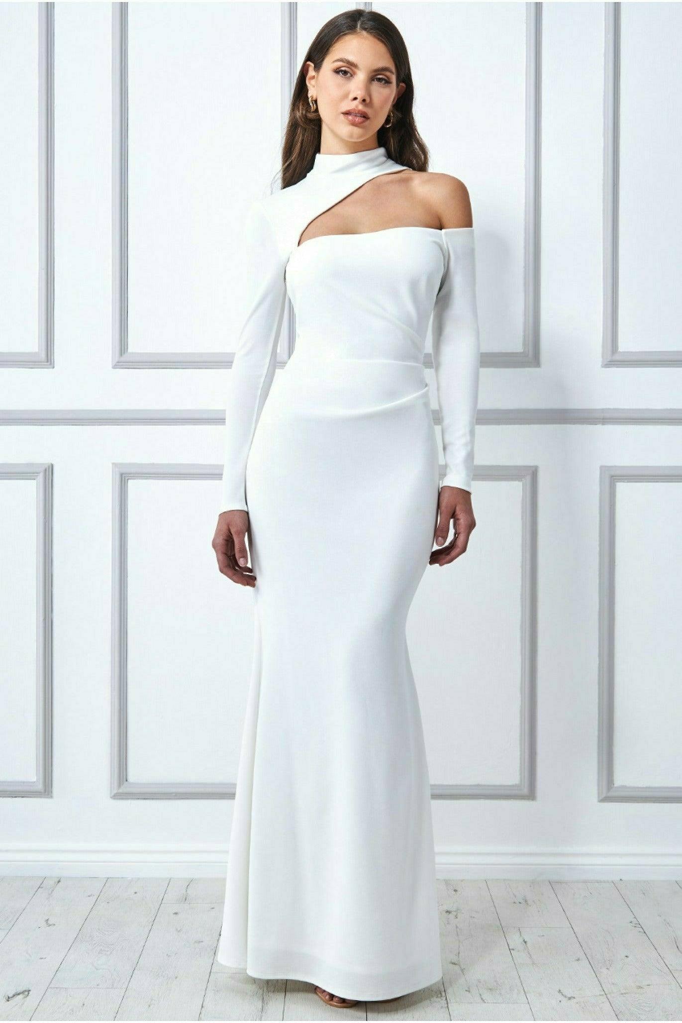 white long sleeve off the shoulder maxi dress