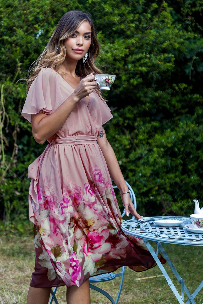 Goddiva Chiffon Floral Border Print Midi Dress in Green Lyst