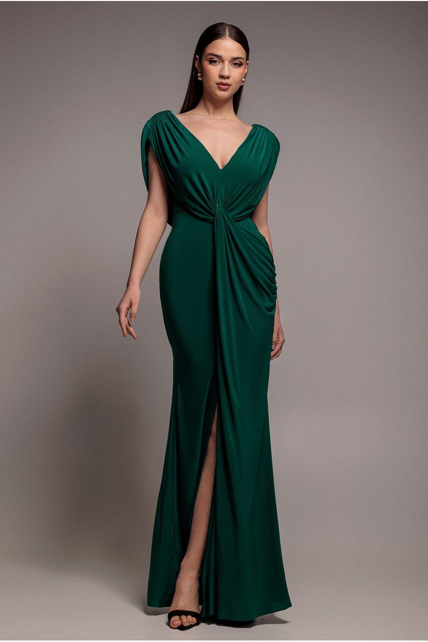 emerald green plunge dress Goddiva Cowl Draped Mermaid Maxi in Premium stretch mesh Rie Sakamoto knits rubber adult women clothing maternity Homecoming dress Color:Spade