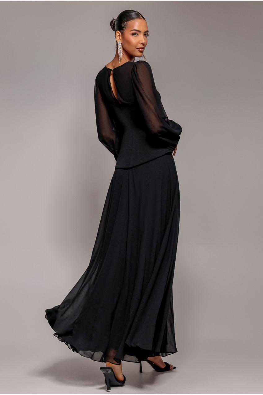 black scuba peplum dress Goddiva Bishop Sleeve Peplum Top Scuba Crepe And Chiffon Maxi Dress in Black