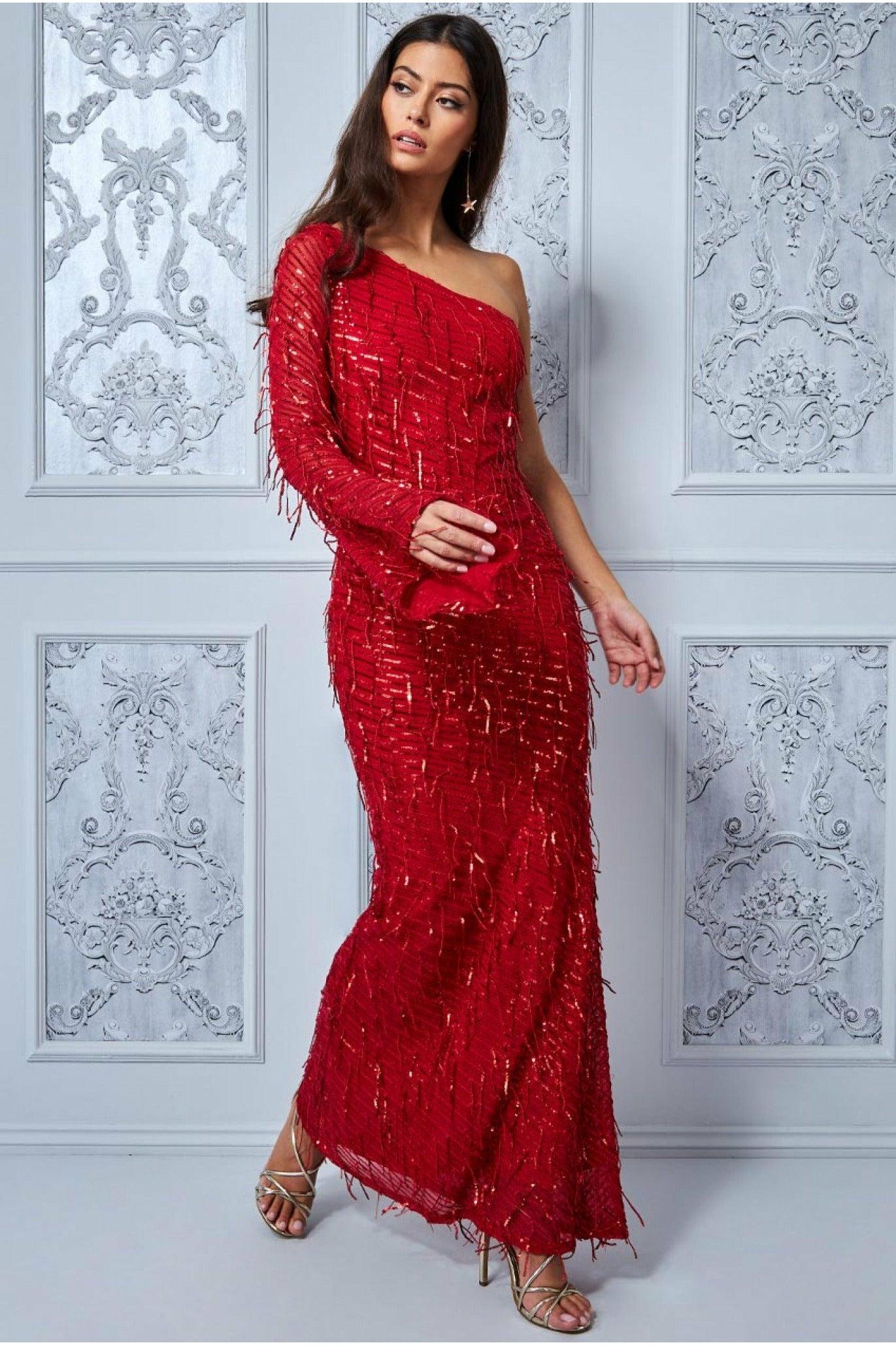 Goddiva Synthetic One Shoulder Hanging Sequin Maxi Dress in Red - Lyst