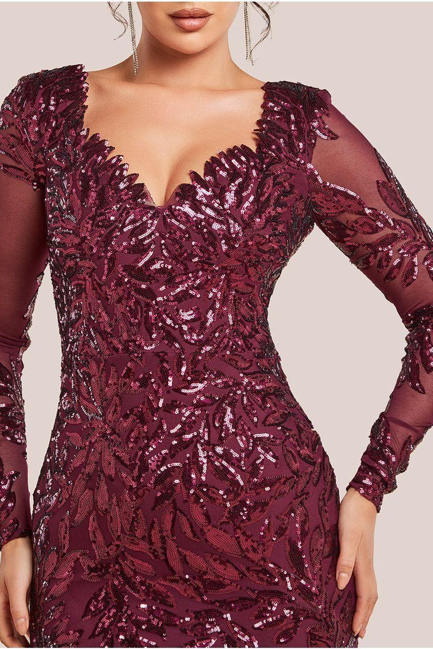 Goddiva Sequin Leaf Long Sleeve Maxi Dress in Red | Lyst