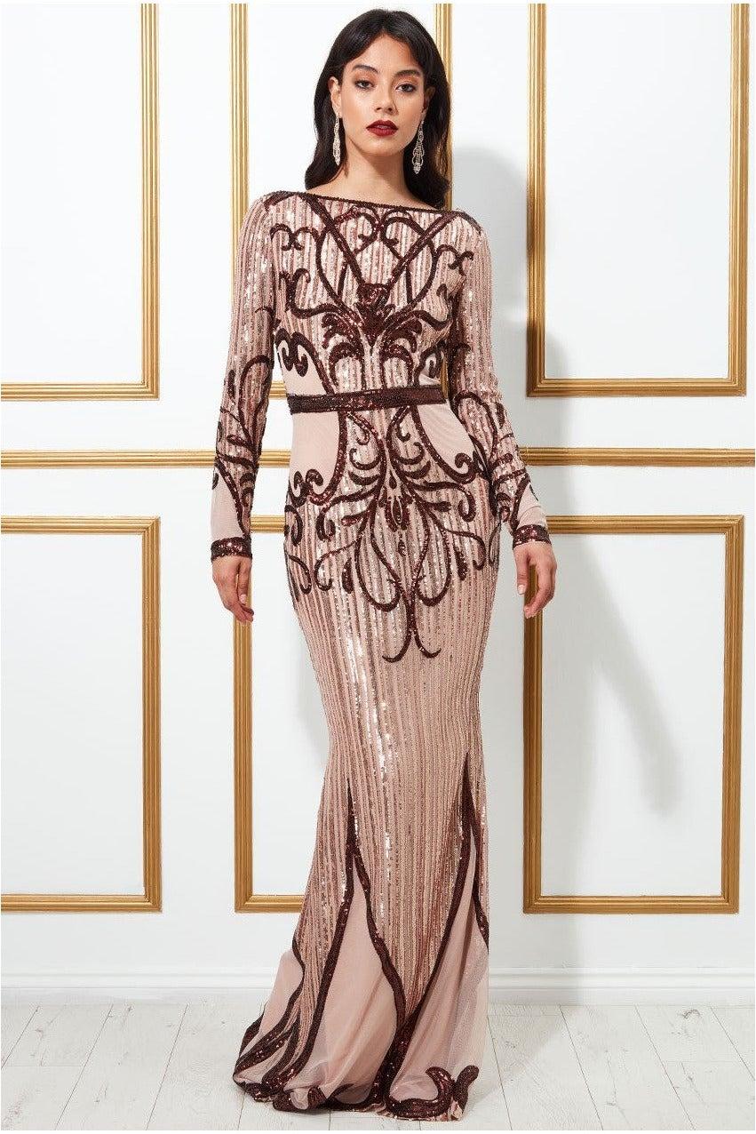 geometric embellished sequin bodice maxi dress