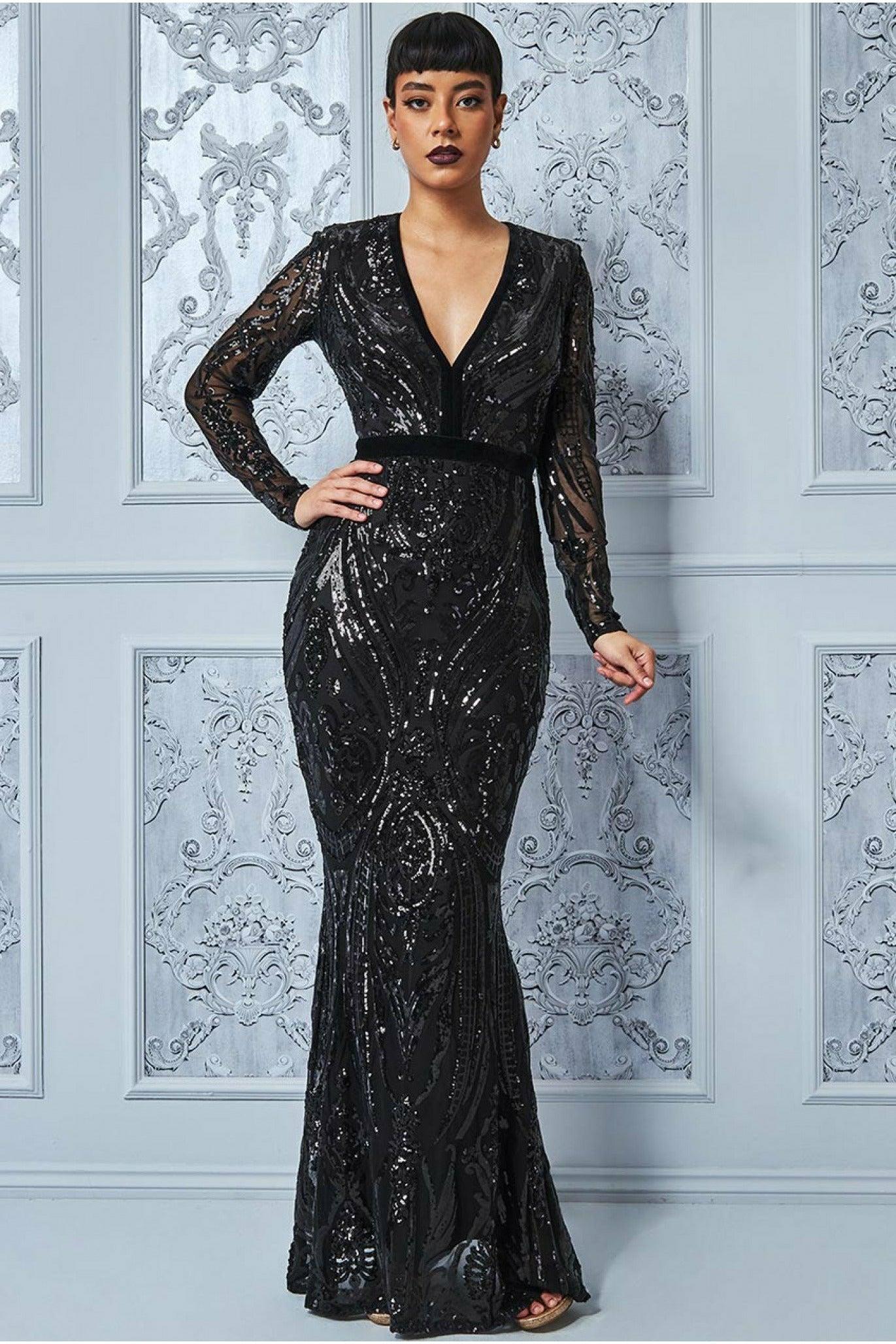 Goddiva Deep V Neck Sequin Embroidered Maxi Dress – in Black | Lyst